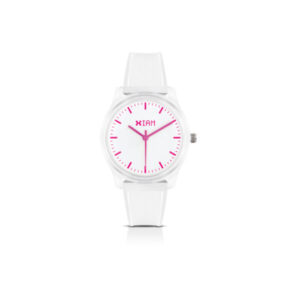 IAM ANALOG CASE M - Transparent case, white dial with pink details and transparent strap<br>