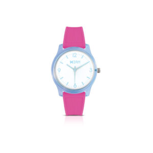 IAM ANALOG CASE M - Light blue case, white dial with light blue details, fuchsia strap